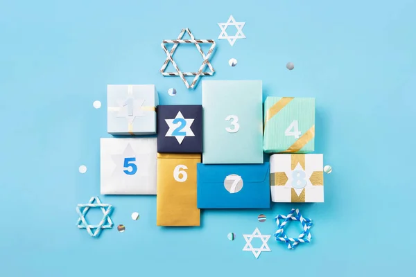 Hanukkah Traditional Eight Nights Light Gift Boxes Stars David White — Stock Photo, Image