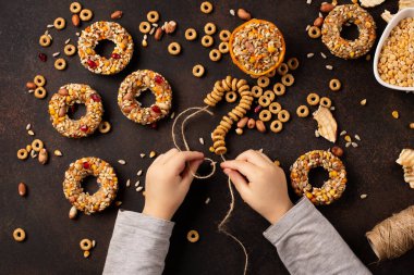 Küçük çocuk ev yapımı kuş yemi köftesi yapıyor. Koyu ahşap arka planda kuşlar için kış yemeği, üst manzara, fotokopi alanı. Kurutulmuş tahıllar kuş yemi, ayçiçeği tohumu - enerji kuşu yağı topları.