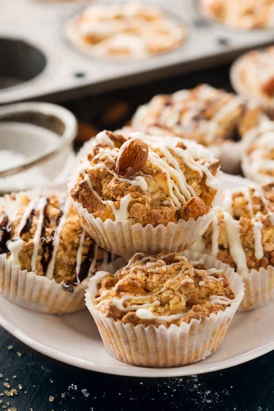 Homemade Gluten Free Apple Muffins Chocolate Topping Nuts Dark Background — Stock Photo, Image