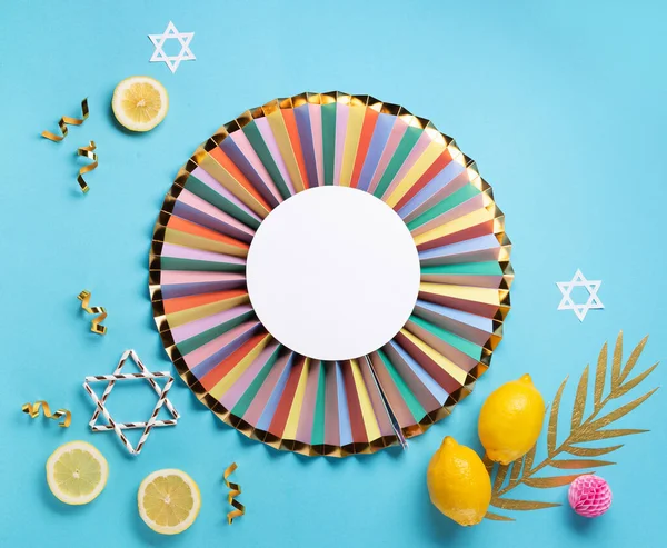 Jewish Ritual Festival Sukkot Holiday Traditional Symbols Blue Background — Stock Photo, Image