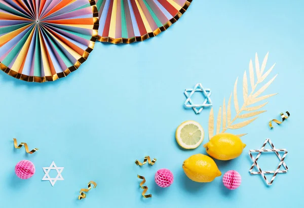 Jewish Ritual Festival Sukkot Holiday Traditional Symbols Blue Background — Stock Photo, Image