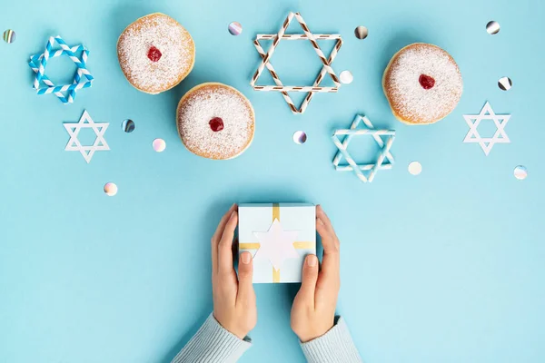 Hanukkah Sweet Doughnuts Sufganiyot Powdered Sugar Fruit Jam Festive Stars — Stock Photo, Image