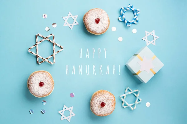 Jewish Holiday Hanukkah Concept Hanukkah Sweet Doughnuts Sufganiyot Powdered Sugar — Stock Photo, Image