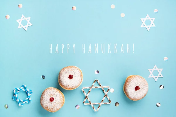 Hanukkah Sweet Doughnuts Sufganiyot Powdered Sugar Fruit Jam Festive Stars — Stock Photo, Image