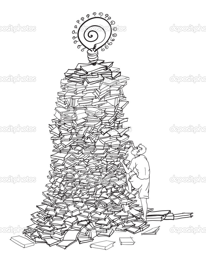 Man climbing on a pile of books.