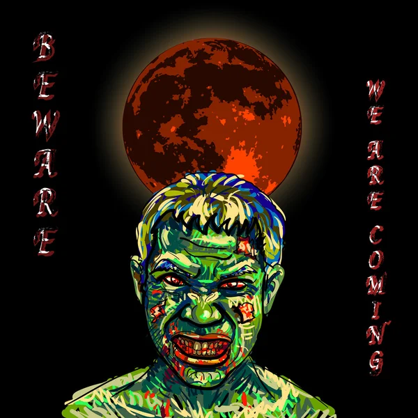 Zombies en colère avec fond sombre et pleine lune rouge — Image vectorielle