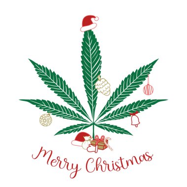 Mutlu Noeller, Noel marihuanası süslenmiş beyaz arka planda izole edilmiş Noel aksesuarları, vektör illüstrasyonu.