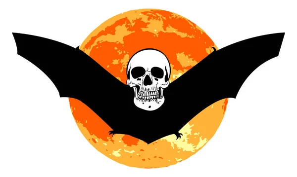 Skull Bat Flying Red Full Moon Halloween Concept Vector Illustration — Stock Vector