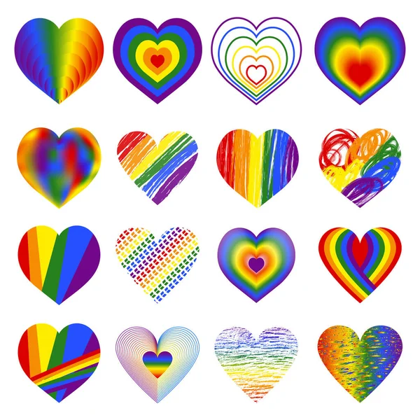 Orgullo Lgbt Corazón Vector Icono Conjunto Conjunto Arco Iris Corazón — Vector de stock