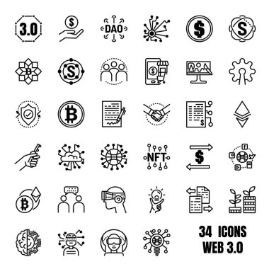 Web3 or Web 3.0 vector icon set. Contains symbols such as defi, token, decentralisation, marketplace.