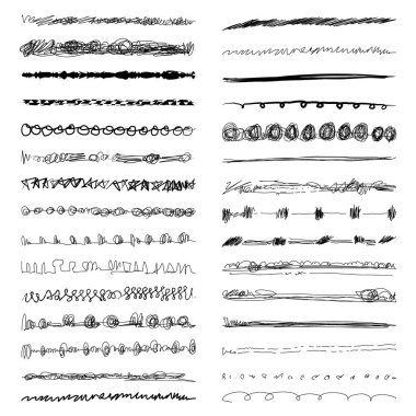 Serbest çizgi koleksiyonu, fırça çizgileri, fırça darbeleri, altçizgiler, karalama stilinin çeşitli şekilleri, Vektör illüstrasyonu.