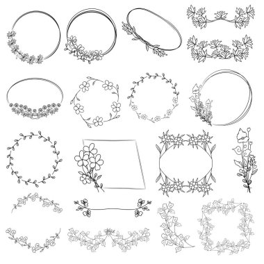 Collection of Artistic Hand Sketched Decorative Doodle Borders and Frames. Flower Wreath, Floral Design Elements. Hand Drawn vector Illustration.