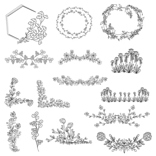 Collection Artistic Hand Sketched Decorative Doodle Borders Frames Flower Wreath — 图库矢量图片