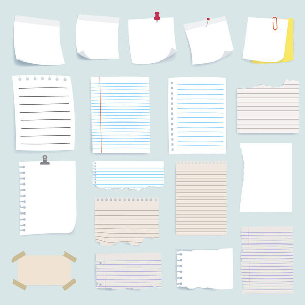 Blank reminder paper notes set, collection of various note papers.
