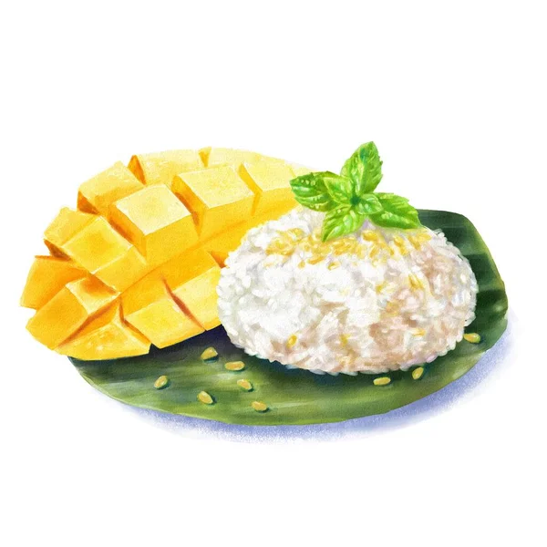 Mango Sticky Rice Thai Dessert Watercolor — Stock Photo, Image