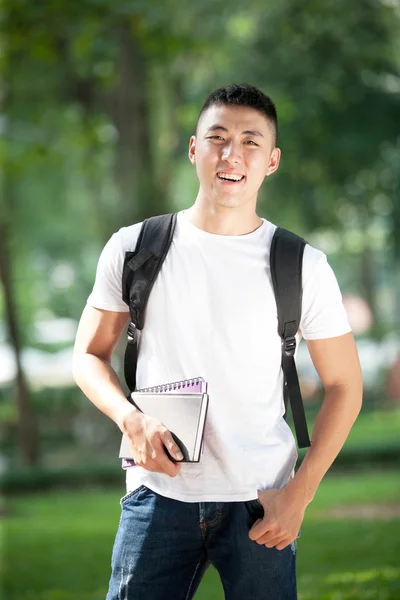 Asiatisk kjekk student åpner en bok og smiler utendørs – stockfoto