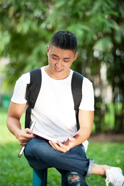 Asiatisk kjekk student åpner en bok og smiler utendørs – stockfoto