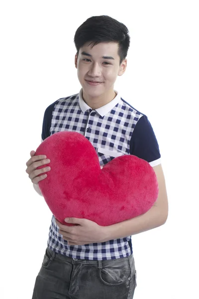 Smiling boy with Valentine red rose, isolated on white — Stock Photo, Image