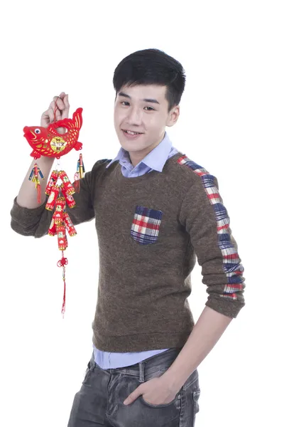 Asiático adolescente menino comemorar chinês ano novo festival, isolado em branco — Fotografia de Stock