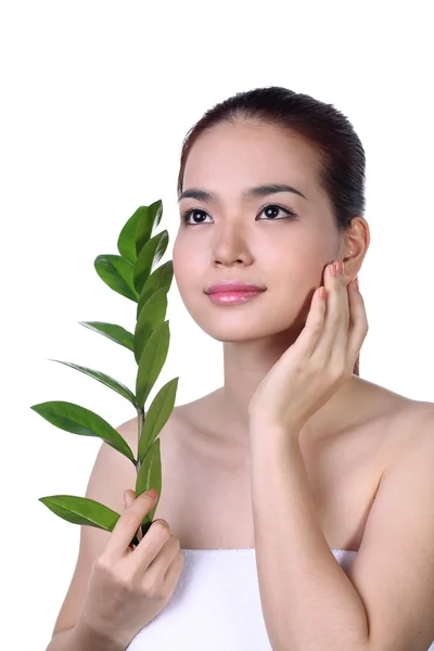 Nahaufnahme Porträt der schönen jungen asiatischen Mädchen mit grünen Blättern und Blume — Stockfoto