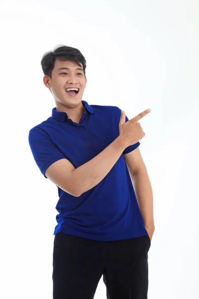 Asian Young Handsome Man Polo Shirt Isolated White Background Hand — Stock Photo, Image