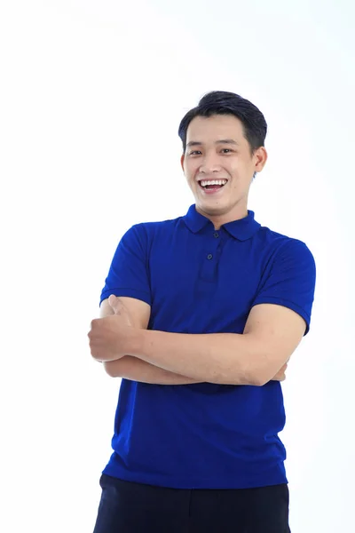 Asian Young Handsome Man Polo Shirt Isolated White Background Hand — Stock Photo, Image