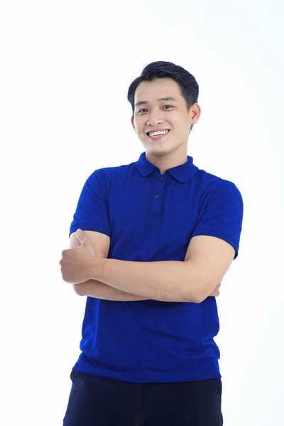 Asian Young Handsome Man Polo Shirt Isolated White Background Hand — Stock Photo, Image