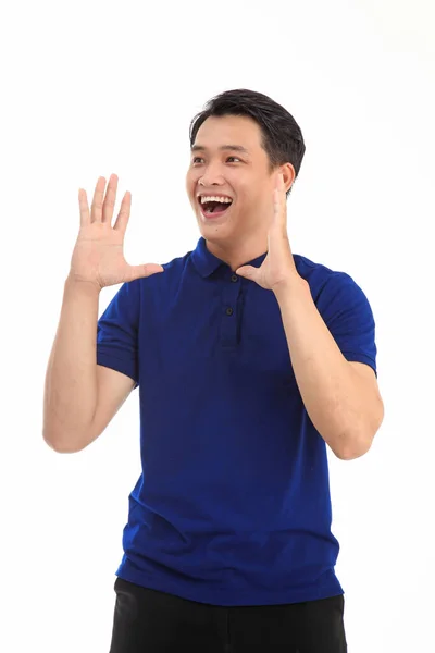 Ásia Jovem Bonito Homem Polo Camisa Isolado Branco Fundo Com — Fotografia de Stock