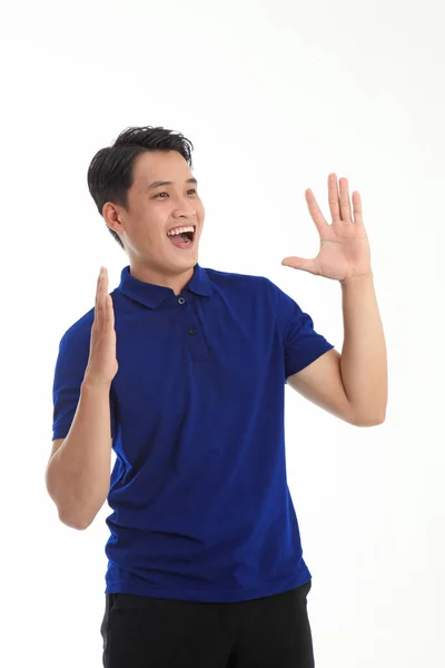 Ásia Jovem Bonito Homem Polo Camisa Isolado Branco Fundo Com — Fotografia de Stock