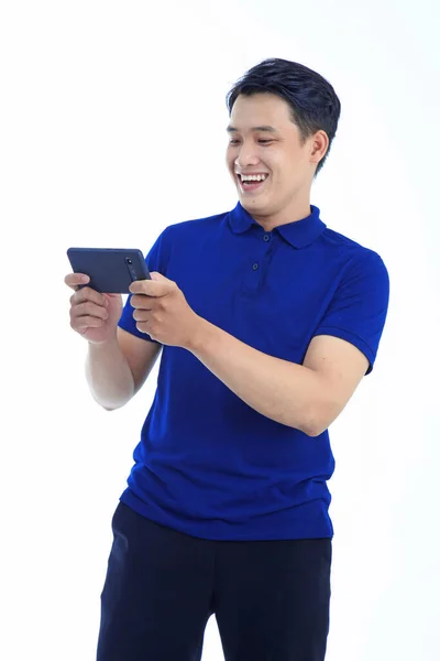 Asijské Mladý Pohledný Muž Polo Shirt Izolovaný Bílém Pozadí Rukou — Stock fotografie