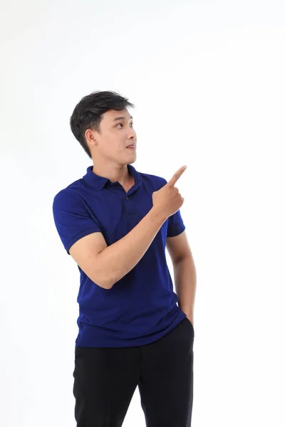 Asian Young Handsome Man Collar Shirt Isolated White Background Hand — Stock Photo, Image