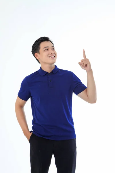 Asian Young Handsome Man Collar Shirt Isolated White Background Hand — Stock Photo, Image