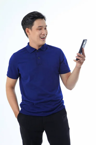 Aziatische Jonge Knappe Man Kraag Shirt Geïsoleerd Witte Achtergrond Met — Stockfoto