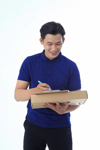 Asijské Mladý Pohledný Muž Límec Košile Izolované Bílém Pozadí Rukou — Stock fotografie