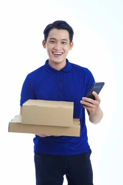 Asiático Jovem Bonito Homem Colarinho Camisa Isolado Branco Fundo Com — Fotografia de Stock