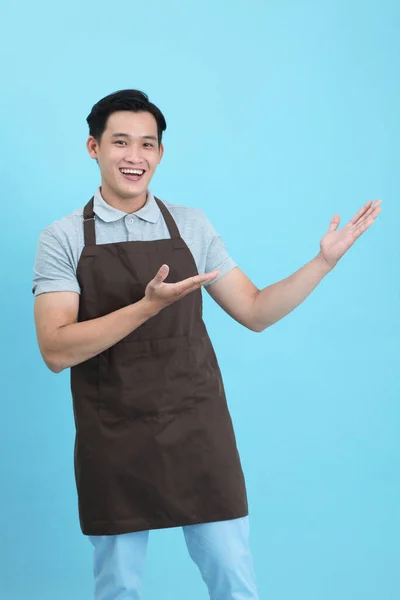 Asian Young Handsome Man Waiter Uniform Welcome Guest Take Order — Stock Photo, Image
