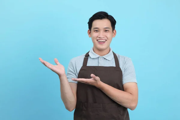 Asian Young Handsome Man Waiter Uniform Welcome Guest Take Order — Stock Photo, Image