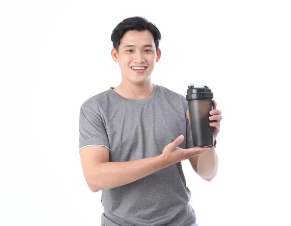 Asiatique Sportif Beau Joyeux Jeune Homme Avec Shaker Protéines Lactosérum — Photo