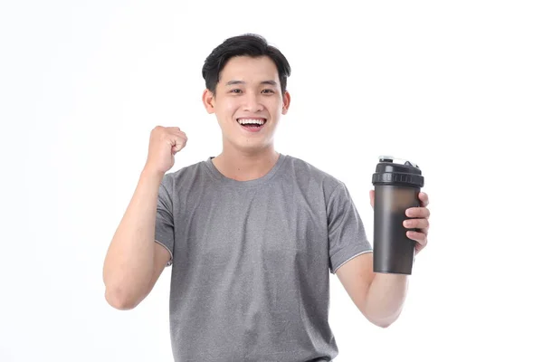 Asian Sporty Handsome Cheerful Young Man Whey Protein Shaker Hand — Stock Photo, Image