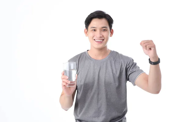 Asian Sporty Handsome Cheerful Young Man Glass Drinking Water Isolated — Stock Photo, Image