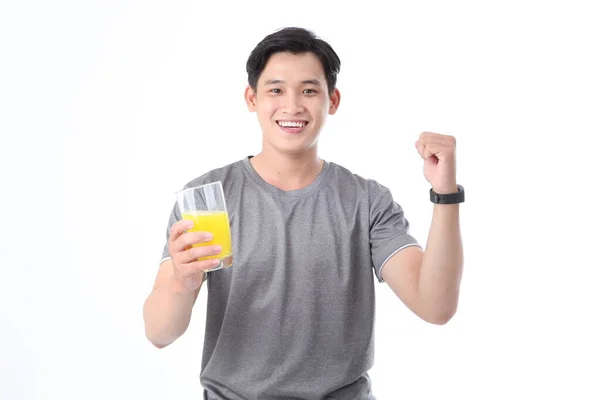 Asian Sporty Handsome Cheerful Young Man Glass Vitamin Orange Juice — Stock Photo, Image