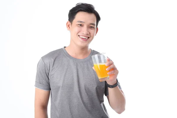 Asian Sporty Handsome Cheerful Young Man Glass Vitamin Orange Juice — Stock Photo, Image