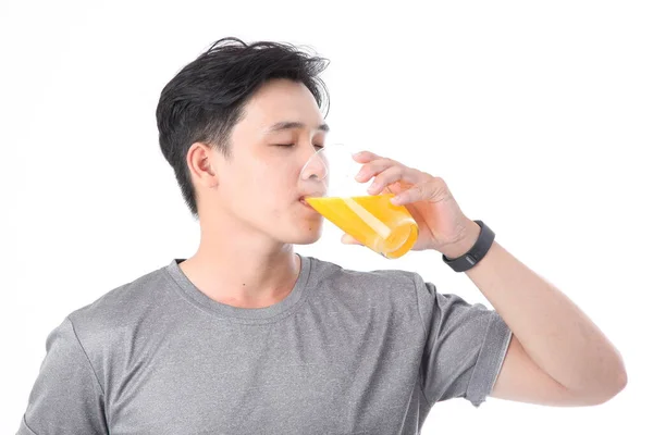 Asian Sporty Handsome Cheerful Young Man Glass Vitamin Orange Juice — Stock Photo, Image