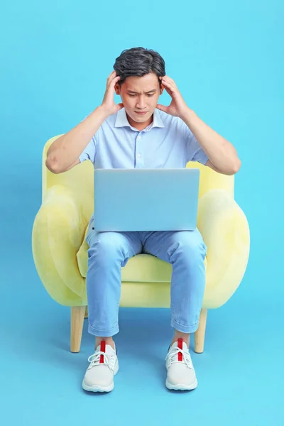 Work Home Concept Asian Young Handsome Guy Laptop Computer Isolated — Stock Photo, Image