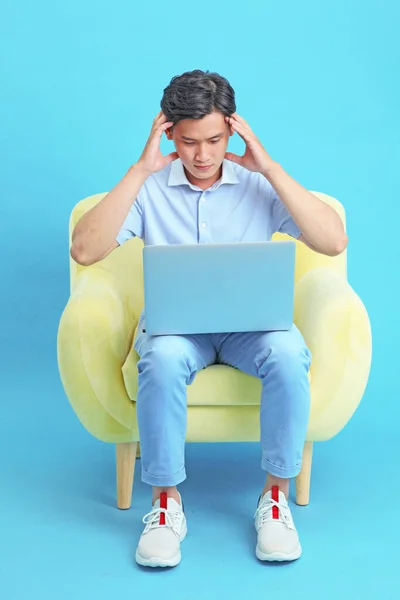 Asian Handsome Cheerful Young Man Working Laptop Sitting Sofa Isolated — Stock Photo, Image