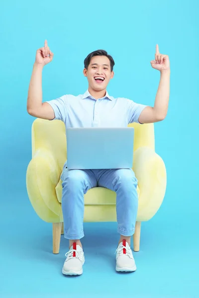 Work Home Concept Asian Young Handsome Guy Laptop Computer Isolated — Stock Photo, Image