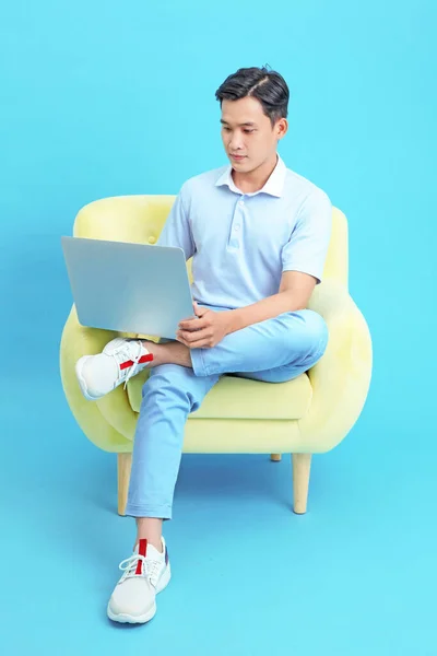 Work Home Concept Asian Young Handsome Guy Laptop Computer Isolated — Stock Photo, Image