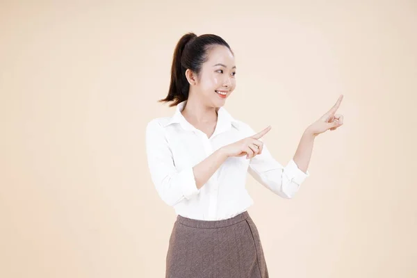 Retrato Mujer Joven Asiática Hermosa Alegre Dedo Índice Con Gesto — Foto de Stock
