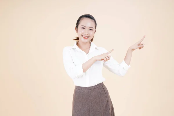 Portrait Asian Young Beautiful Cheerful Woman Point Finger Hand Gesture — Stock Photo, Image