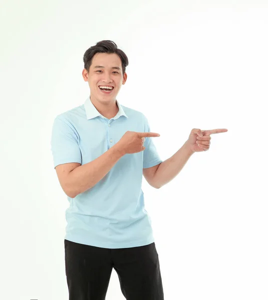 Asian Handsome Cheerful Young Man Point Show Hand Gesture Isolated — Stock Photo, Image